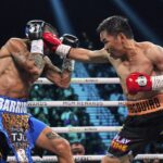 Mario Barrios vľavo bojuje proti Mannymu Pacquiaovi v boxerských zápasoch s ťažkými váhami v sobotu 19. júla 2025 v Las Vegas.