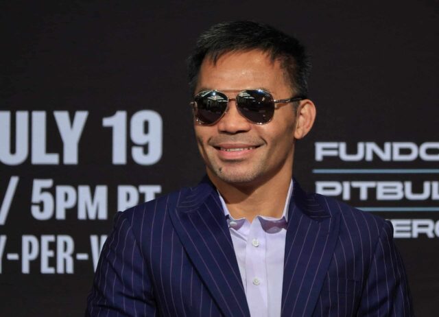 Manny Pacquiao sa 16. júla 2025 zúčastňuje na tlačovej konferencii v hoteli MGM Grand Hotel & Casino v Las Vegas v Nevade. Pacquiao, ktorý oznámil, že opustí svoj odchod do dôchodku takmer štyri roky po svojom poslednom boji, je naplánovaný na výzvu majstra WBC Welterweight Mario Barrio za titul 19. júla v MGM Grand Garden Arena.