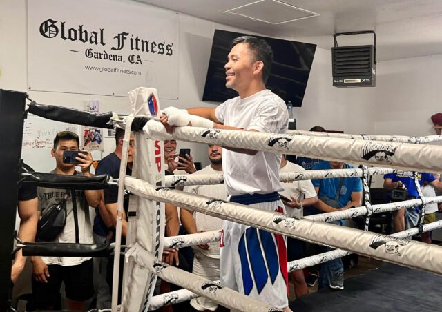 Manny Pacquiao trénuje v boxerskej telocvični Knuckleheads v Las Vegas pred bojom proti Mario Barrios.