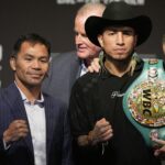 Manny Pacquiao, vľavo, a majster WBC Welterweight, Mario Barrios, sú vychovaní na tlačovej konferencii v stredu 16. júla 2025 v Las Vegas. Bob Santos Freddie Roach
