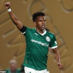 Estevao Willian zobrazuje oslavu po tom, čo strelil gól pre Palmeiras proti Chelsea v USA