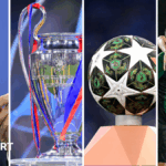 A split image of FC Noah during the qualifying draw, Champions League trophy, Champions League ball and Virtus celebrate