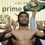 Manny Pacquiao je umiestnený na stupnici počas slávnostnej hmotnosti v piatok 18. júla 2025 v Las Vegas.