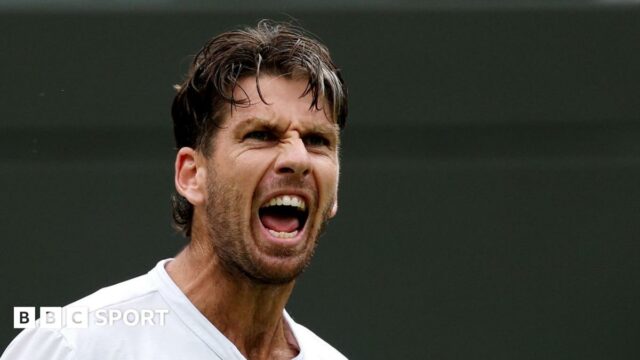Cameron Norrie roars during his Wimbledon win over Nicolas Jarry
