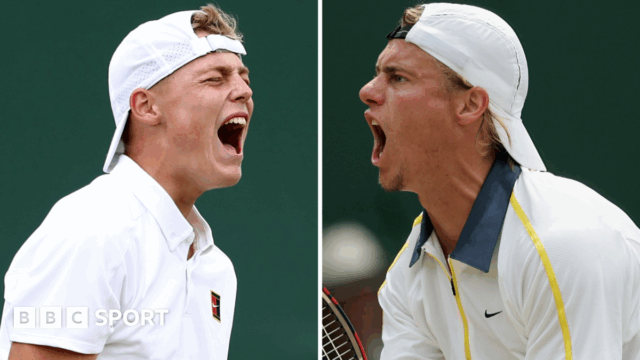 A composite image of Cruz Hewitt and his father Lleyton playing at Wimbledon