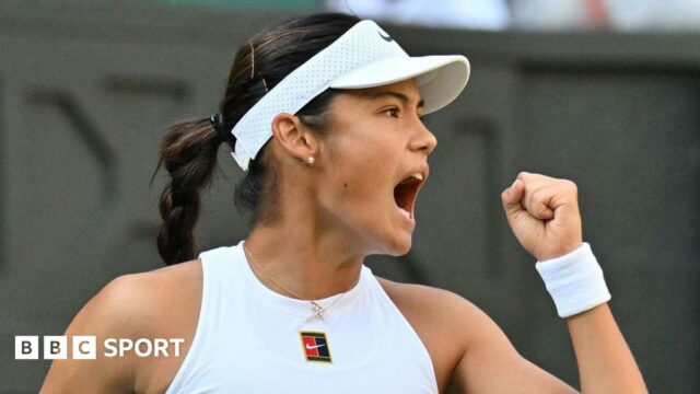 Emma Raducanu reacts after beating Marketa Vondrousova