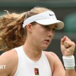 Mirra Andreeva celebrates winning a point against Hailey Baptiste