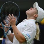 Sonay Kartal closes her eyes and looks to the sky during defeat by Anastasia Pavlyuchenkova in fourth round at Wimbledon on Centre Court