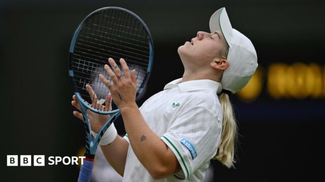 Sonay Kartal closes her eyes and looks to the sky during defeat by Anastasia Pavlyuchenkova in fourth round at Wimbledon on Centre Court