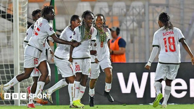 Saratou Traore celebrates scoring against Tanzania with her Mali team-mates