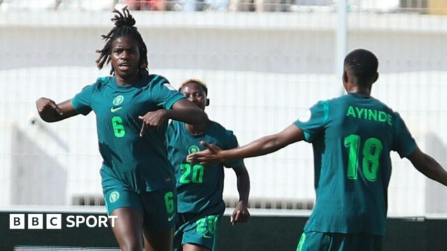 Esther Okoronkwo celebrates a goal for Nigeria