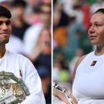 Carlos Alcaraz and Amanda Anisimova with their Wimbledon runner-up trophies