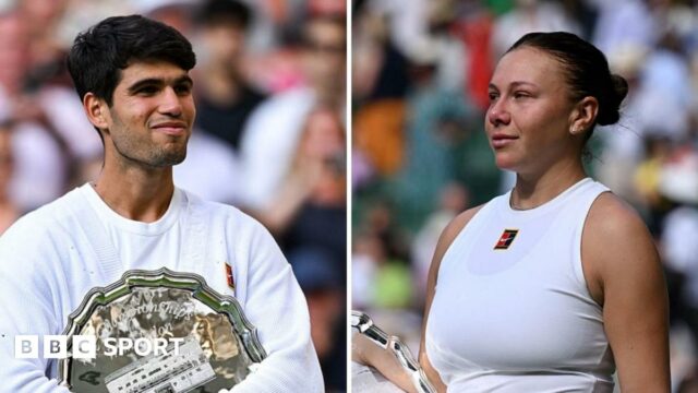 Carlos Alcaraz and Amanda Anisimova with their Wimbledon runner-up trophies