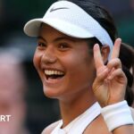 Emma Raducanu celebrates beating Marketa Vondrousova at Wimbledon