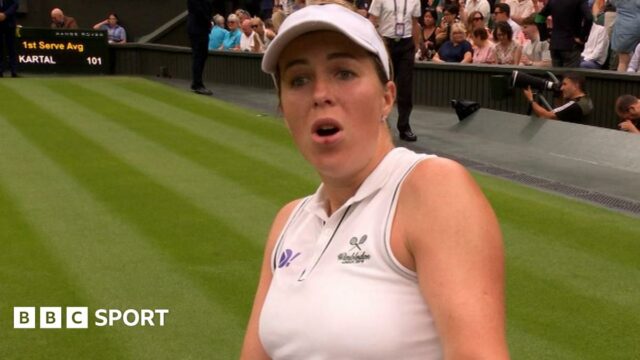 A shot from Sonay Kartal lands out as Anastasia Pavlyuchenkova is about to hit it