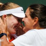 Mirra Andreeva hugs Conchita Martinez after winning the Indian Wells title earlier this year