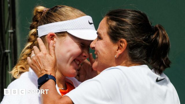 Mirra Andreeva hugs Conchita Martinez after winning the Indian Wells title earlier this year
