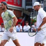 Lloyd Glasspool and Julian Cash during the men's doubles final match against Nikola Mektic and Michael Venus at Queen's