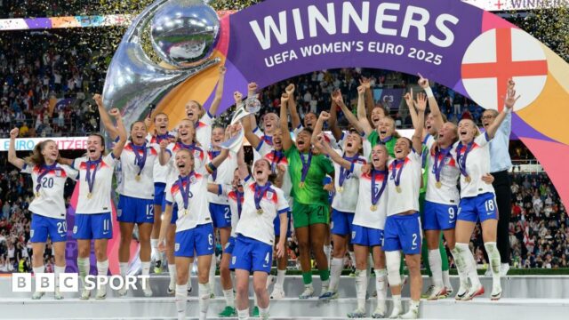 England celebrate winning the Euro 2025 title after beating Spain in the final