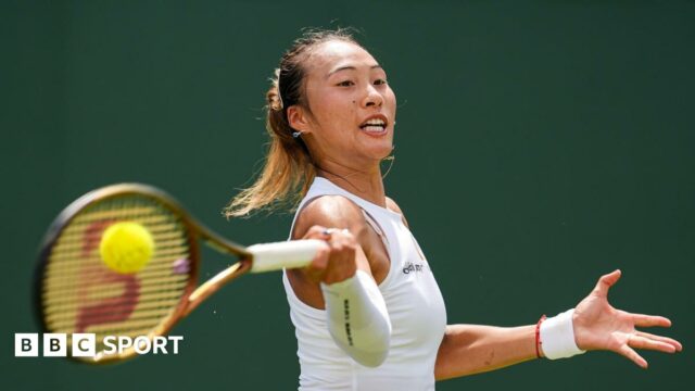 Zheng Qinwen playing at Wimbledon in July 2025 