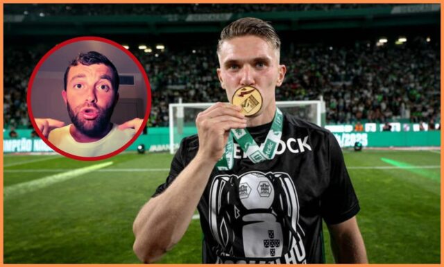 Viktor Gyokeres oslavuje cieľ pre Sporting Lisboa plus odznak Arsenal FC