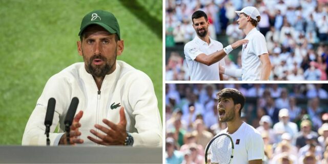 Novak Djokovic opúšťa Wimbledonov ústredný súd po tom, čo utrpel priamu porážku rúk Jannika Sinnera (Zdroj: Getty)