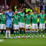 Newcastle team line up in respect of André Silva and Diogo Jota during the Premier League match between Aston Villa and Newcastle United at Villa Park