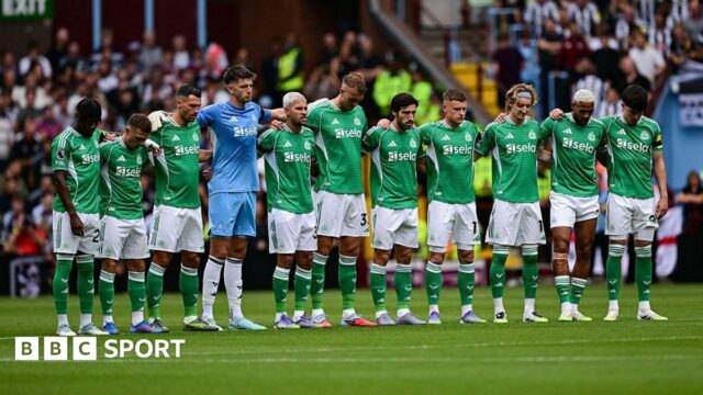 Newcastle team line up in respect of André Silva and Diogo Jota during the Premier League match between Aston Villa and Newcastle United at Villa Park