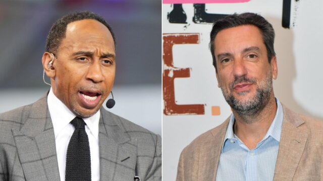 Clay Travis a Stephen A Smith, ktorý debatuje o športe, politiku na mediálnom samite

