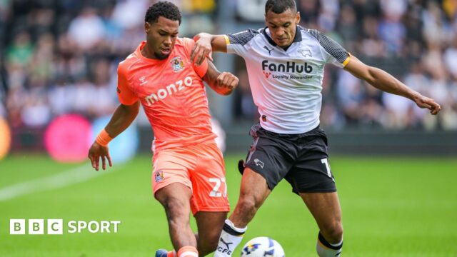 Milan van Ewijk of Coventry City and Kayden Jackson of Derby County
