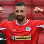 Joe Gormley celebrates scoring for Cliftonville against Glenavon