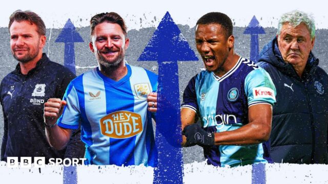 BBC graphic showing Plymouth manager Tom Cleverley, new Huddersfield striker Alfie May, Richard Kone of Wycombe and Blackpool boss Steve Bruce