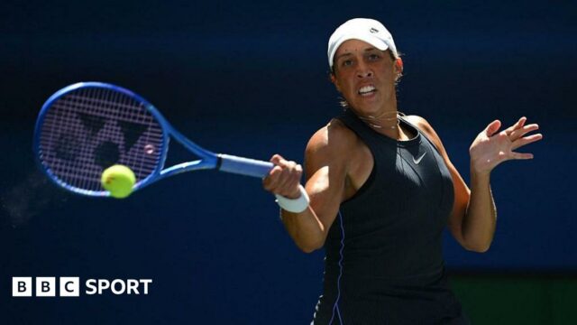 Madison Keys looks to hit a big forehand at the US Open