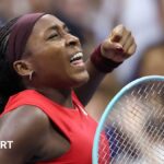 Coco Gauff punches the air during her 2025 US Open match