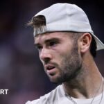 Jacob Fearnley reacts during 2025 US Open defeat by Alexander Zverev