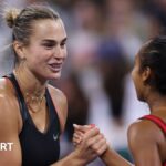 Aryna Sabalenka shakes hands with Leylah Fernandez after their US Open match