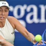 Jessica Pegula hits the ball during her second-round US Open match against Anna Blinkova on Arthur Ashe in New York