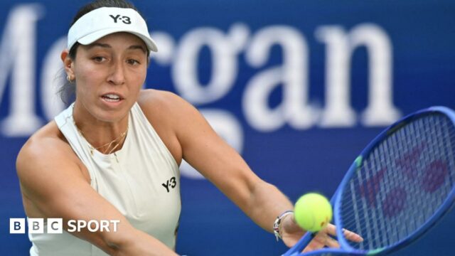 Jessica Pegula hits the ball during her second-round US Open match against Anna Blinkova on Arthur Ashe in New York
