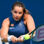 Jodie Burrage hits a backhand