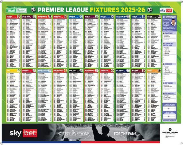 ZADARMO Premier League 2025-26 WALLCHART: Nenechajte si ujsť váš Bright A2 Wallchart v dennej pošte v sobotu - a naplánujte si pokrok každého tímu, ktorý ponúka odstránenie pohára budúci máj


