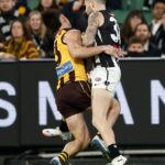 Jai Newcombe (vľavo) a Jeremy Howe (vpravo) boli spojené s hororovou pečeňou medzi kolíziou vo štvrtok večer medzi Hawthorn a Collingwood