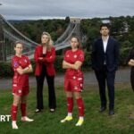 (Left to right) Emily Syme, Bristol City Women, Hannah Haynes, Mercury13 chief strategy officer, Vicky Losada, Bristol City Women captain, Mario Malave and Victoire Cogevina Reynal, Mercury13Founder's and co-CEOs all standing in front of the Clifton Suspension Bridge