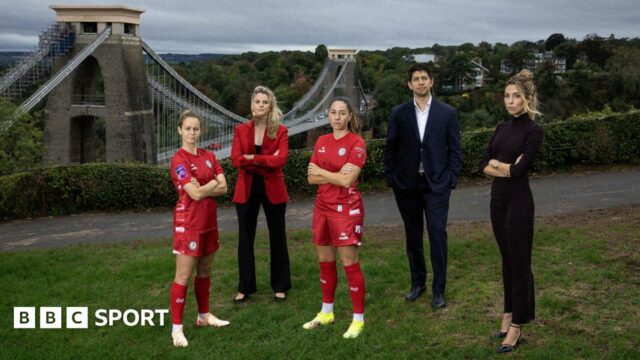 (Left to right) Emily Syme, Bristol City Women, Hannah Haynes, Mercury13 chief strategy officer, Vicky Losada, Bristol City Women captain, Mario Malave and Victoire Cogevina Reynal, Mercury13Founder's and co-CEOs all standing in front of the Clifton Suspension Bridge 