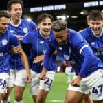 Callum Robinson (second right) celebrates scoring for Cardiff at Burnley