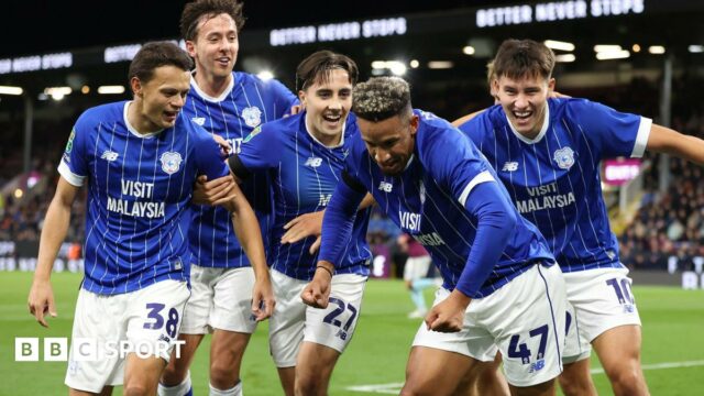 Callum Robinson (second right) celebrates scoring for Cardiff at Burnley