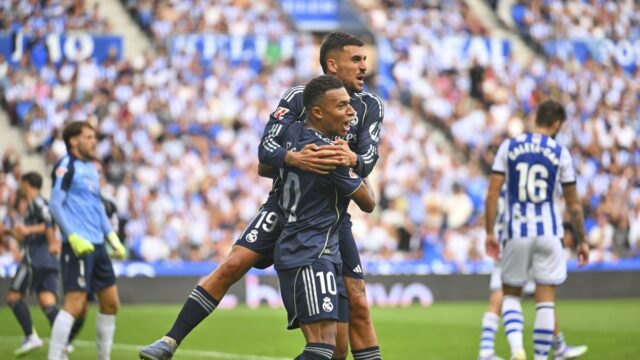 La Liga 2025-26: Mbappe vyžaruje ako 10-mužský madrid visí na úspech 2-1 v skutočnom Sociedad 

