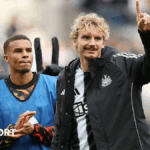 Nick Woltemade acknowledges the fans after Newcastle United's win against Wolverhampton Wanderers at St James' Park on 13 September, 2025