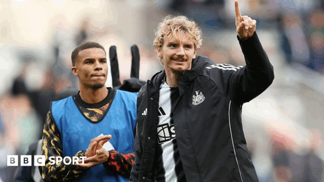 Nick Woltemade acknowledges the fans after Newcastle United's win against Wolverhampton Wanderers at St James' Park on 13 September, 2025