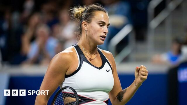 Aryna Sabalenka clenches her left fist at the US Open