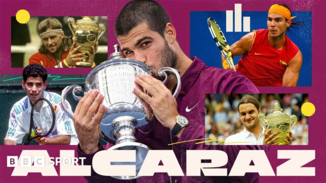 A compilation image of Carlos Alcaraz in the foreground holding his 2025 US Open trophy, with tennis legends including Roger Federer, Rafael Nadal, Pete Sampras and Bjorn Borg behind him